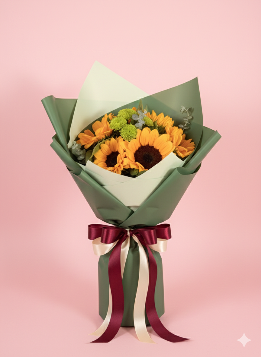 Ramo de 10 girasoles frescos envueltos en papel coreano premium con follaje de ruscus.