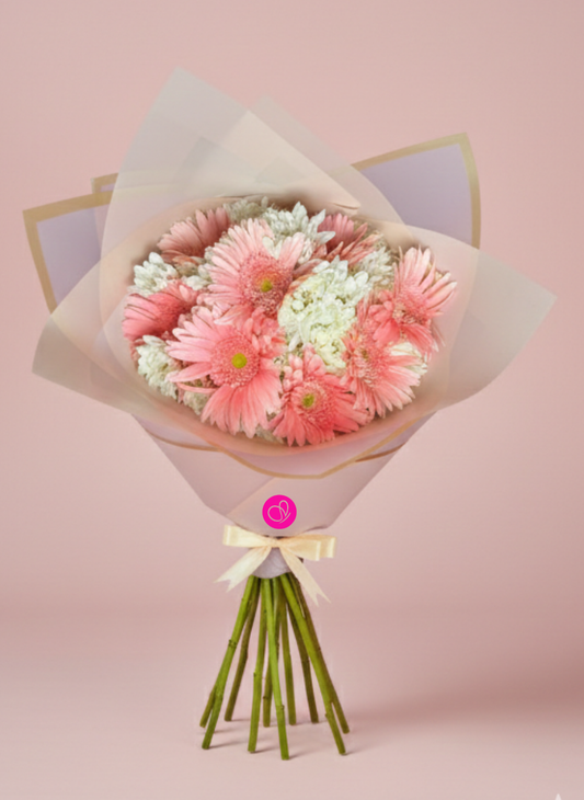 Ramo de Gerberas Rosadas y Blancas | Envoltura Coreana – Floremia