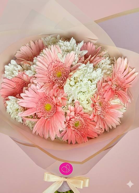 Ramo de Gerberas Rosadas y Blancas | Envoltura Coreana – Floremia