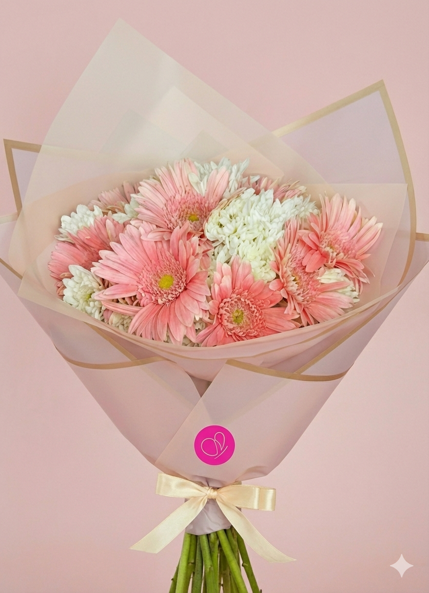 Ramo de Gerberas Rosadas y Blancas | Envoltura Coreana – Floremia